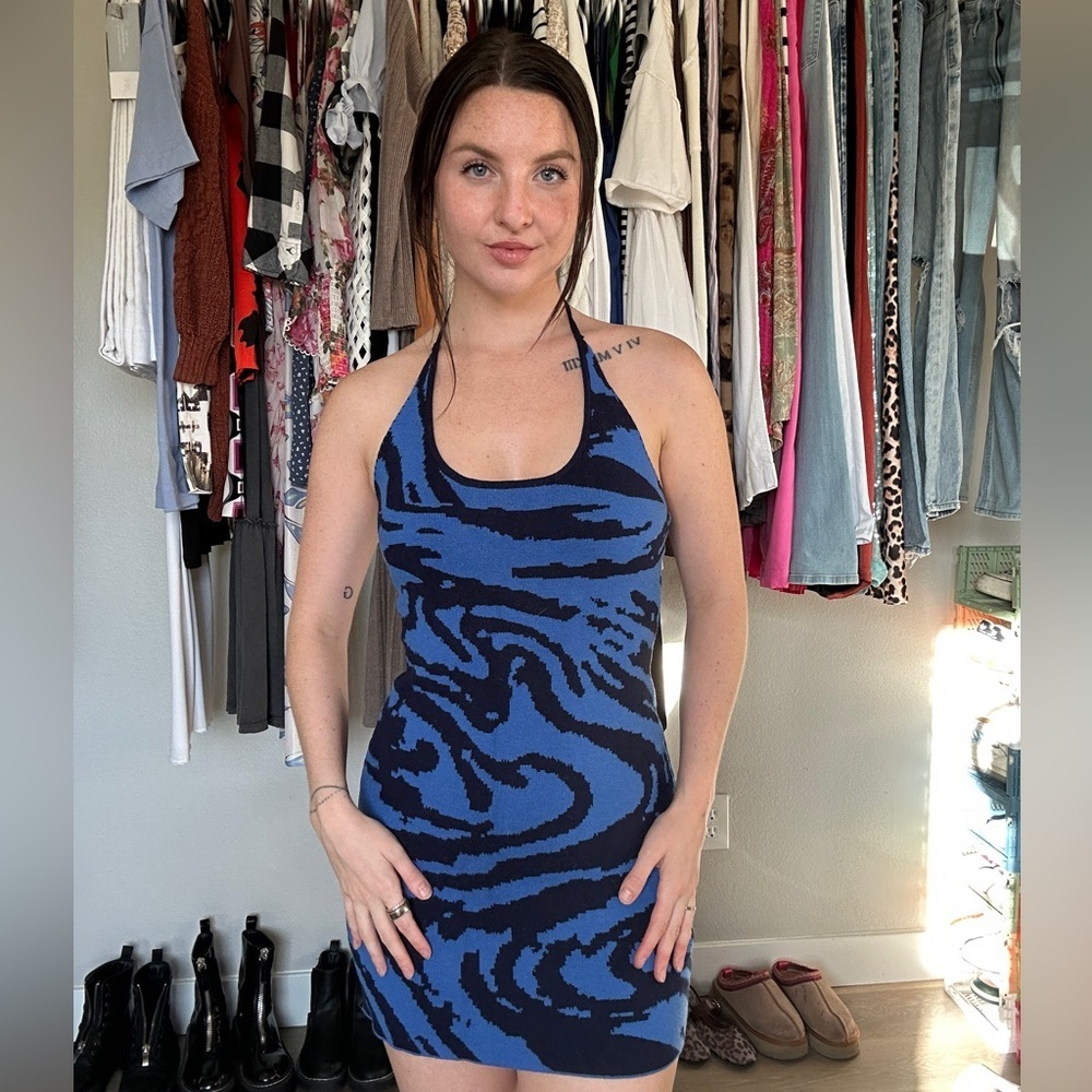 Urban Outfitters Blue Zebra Print Knit Halter Mini Dress Size S